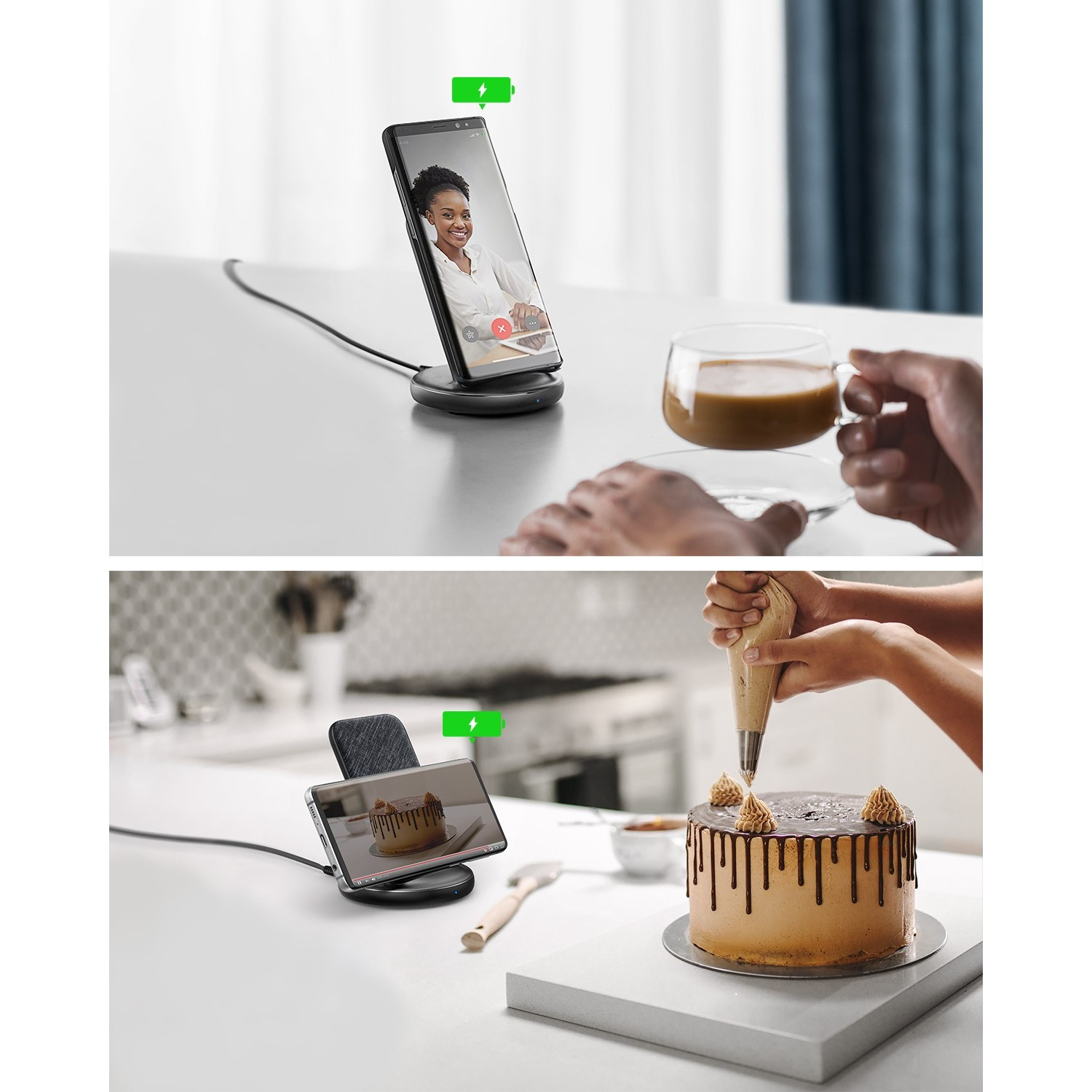 Twee afbeeldingen: telefoon opladen met een videogesprek en taart decoreren met telefoon opladen.