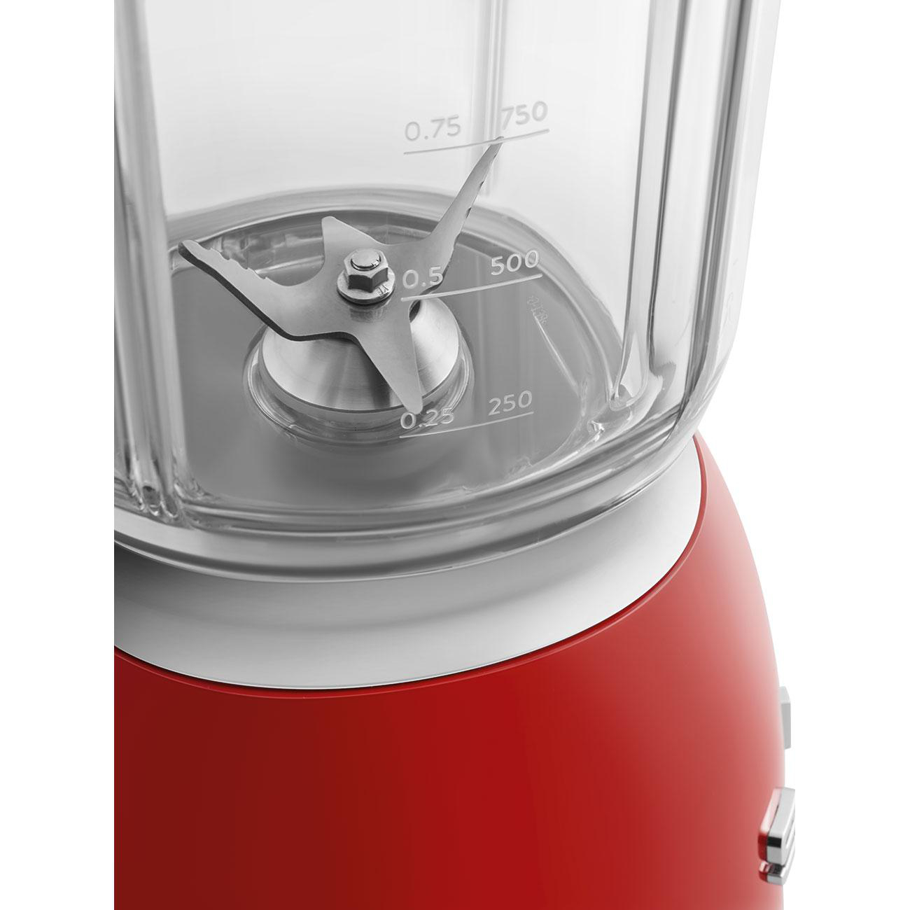 Rote Mixerbasis, klarer Glasbehälter mit Messungen und Klingen. Weißer Hintergrund.