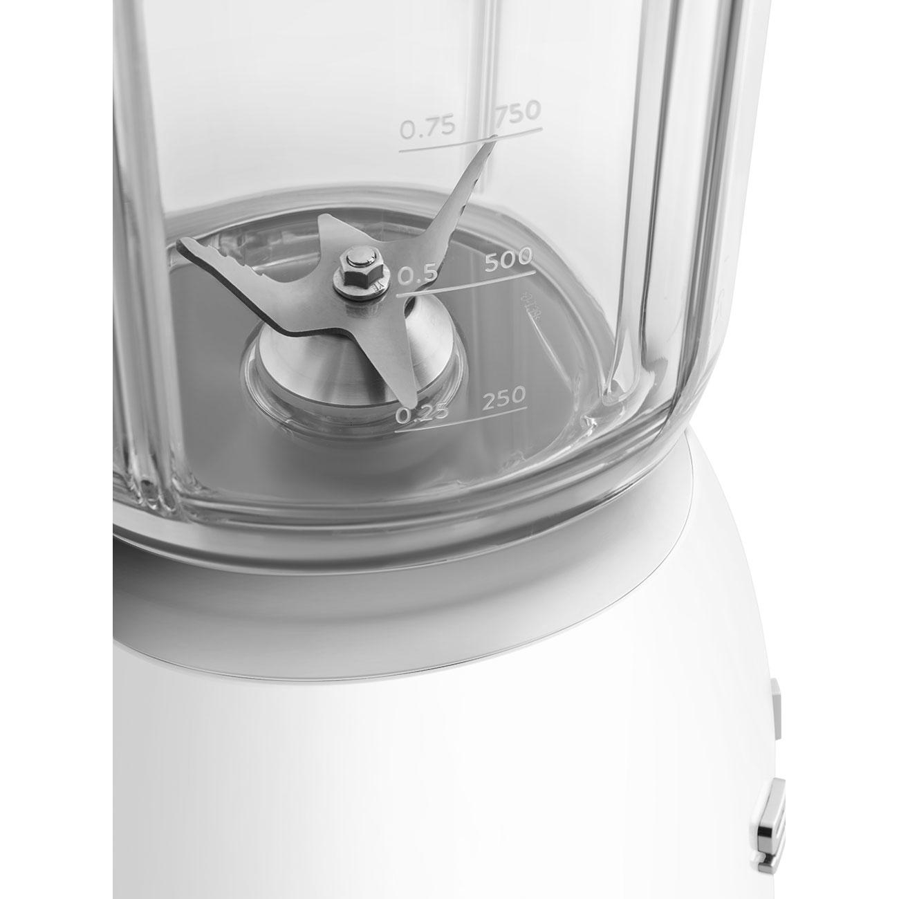 Nahaufnahme des Glasbehälters eines Mixers. Klinge und Maße sichtbar.