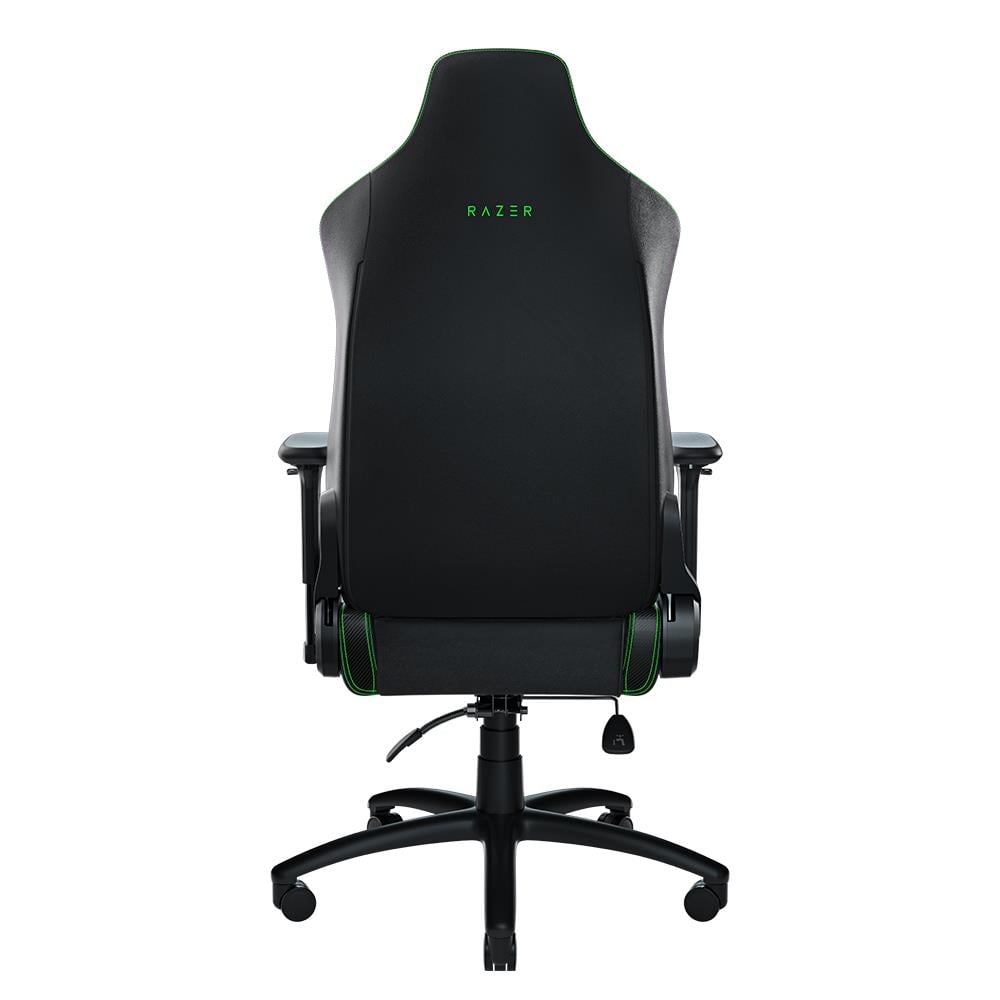 Siyah oyun koltuğu arka görünümü. Yeşil Razer logosu, yeşil detaylar, siyah taban.
