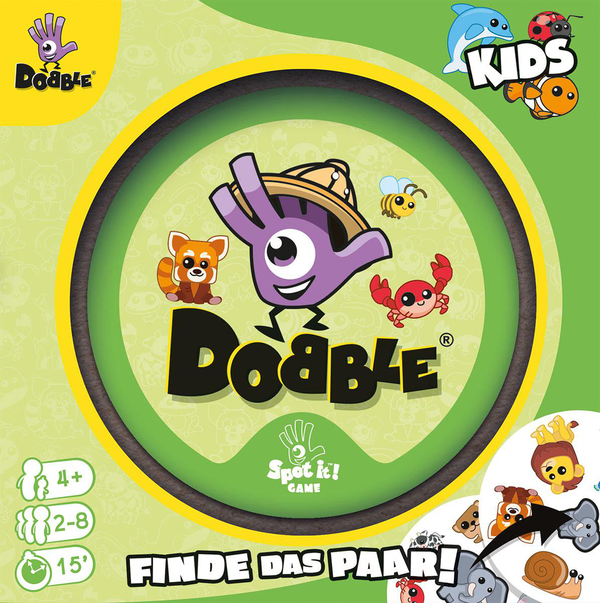 Dobble-Spielbox mit Logo, illustrierten Charakteren und Spielanweisungen.