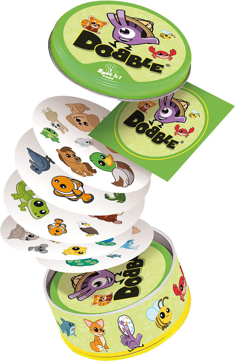 Dooble Brettspiel: Karten mit Tierbildern, gestapelt, und eine grüne Dose mit dem Spiel-Logo.