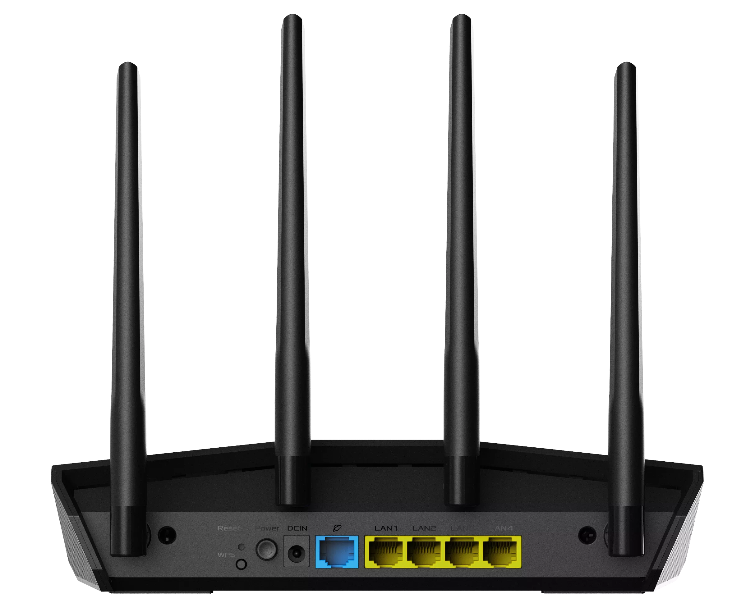 Fekete router négy antennával. A portok a következők: LAN, DCIN és reset.