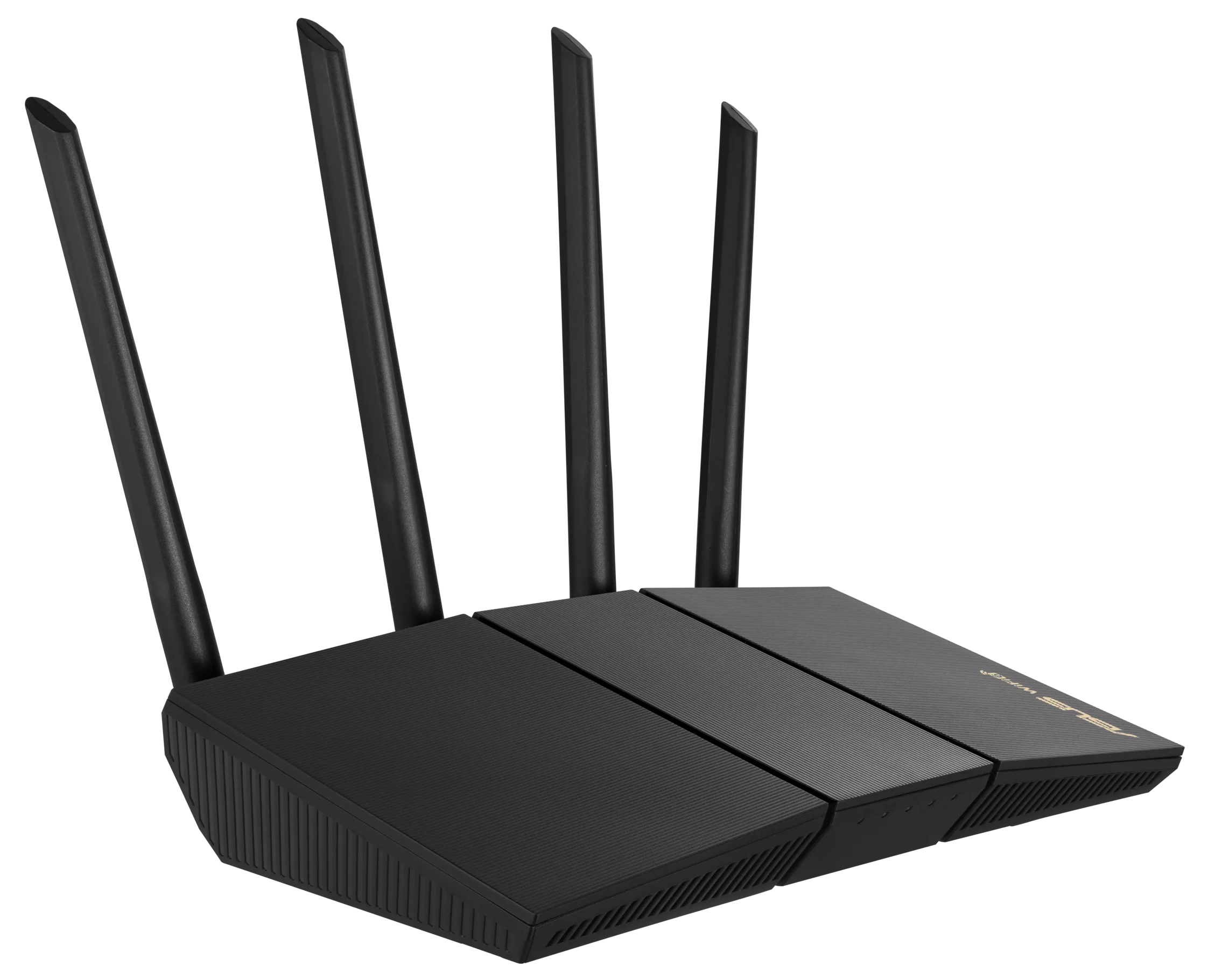 Fekete Asus router négy antennával, fehér háttérrel.