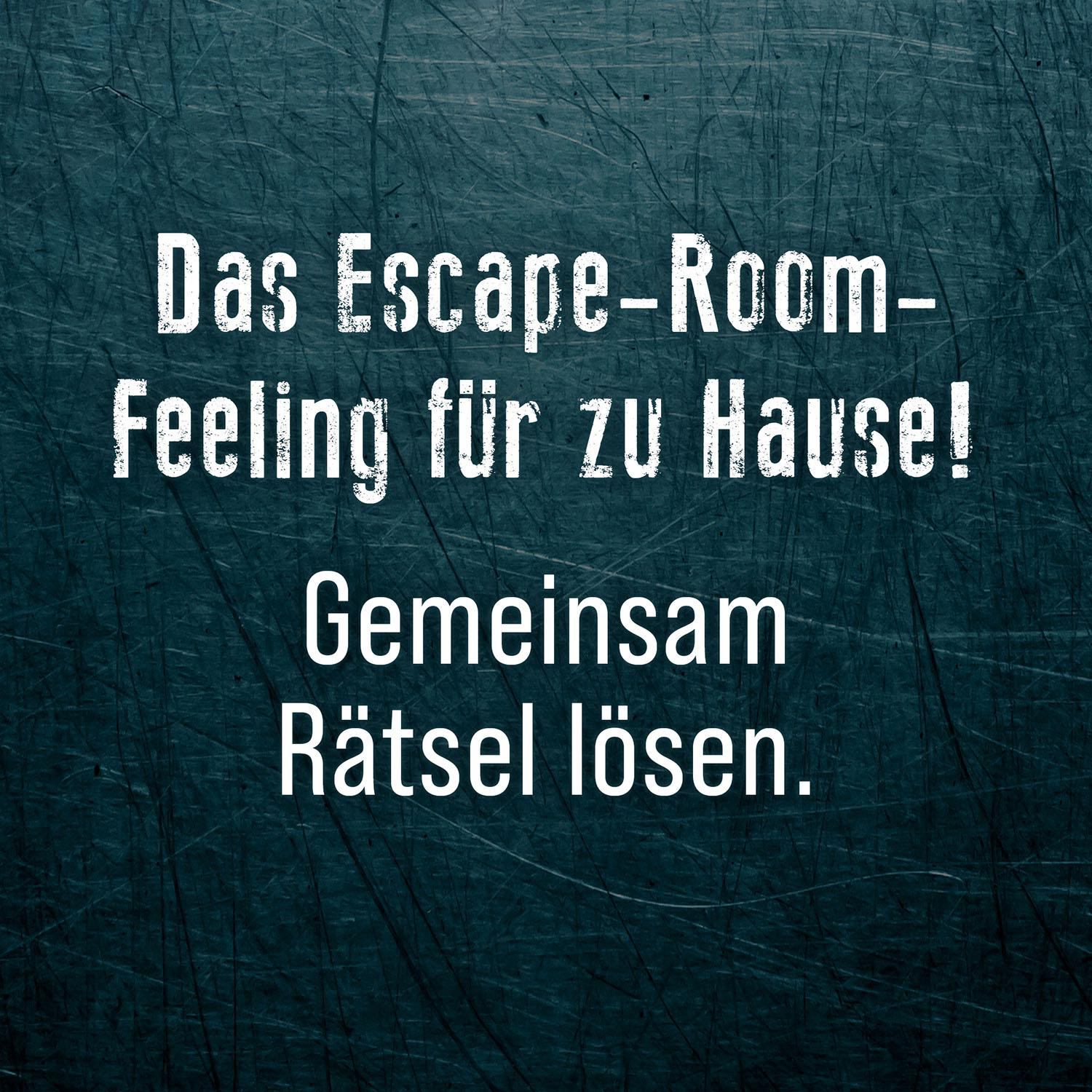 Text auf strukturiertem Hintergrund: 'Das Escape-Room-Feeling für zu Hause! Gemeinsam Rätsel lösen'.