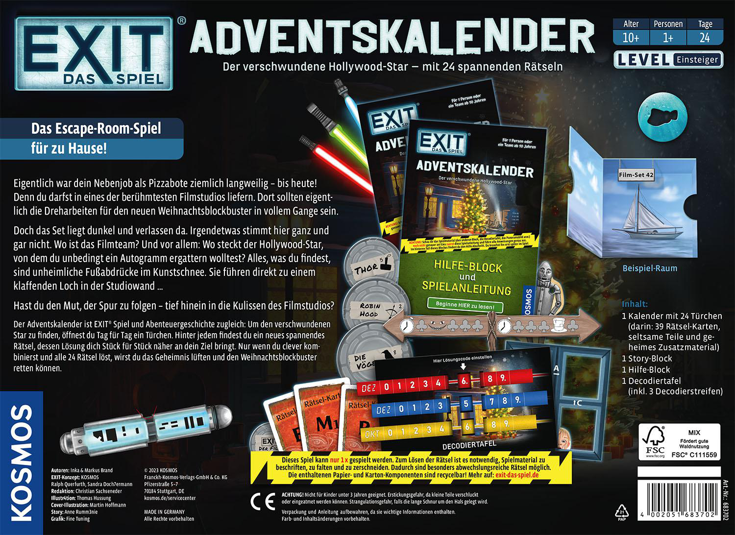 Schachtel eines Exit-Abenteuerspiels mit Spielkomponenten und Anweisungen.