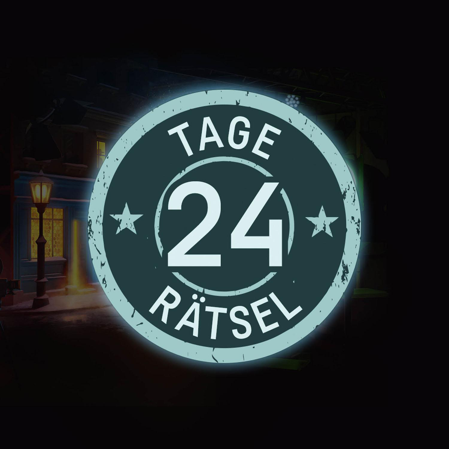 Türkisfarbenes Abzeichen mit den Worten „Tage 24 Rätsel“ in einem Kreis, über einer Nachtszene.