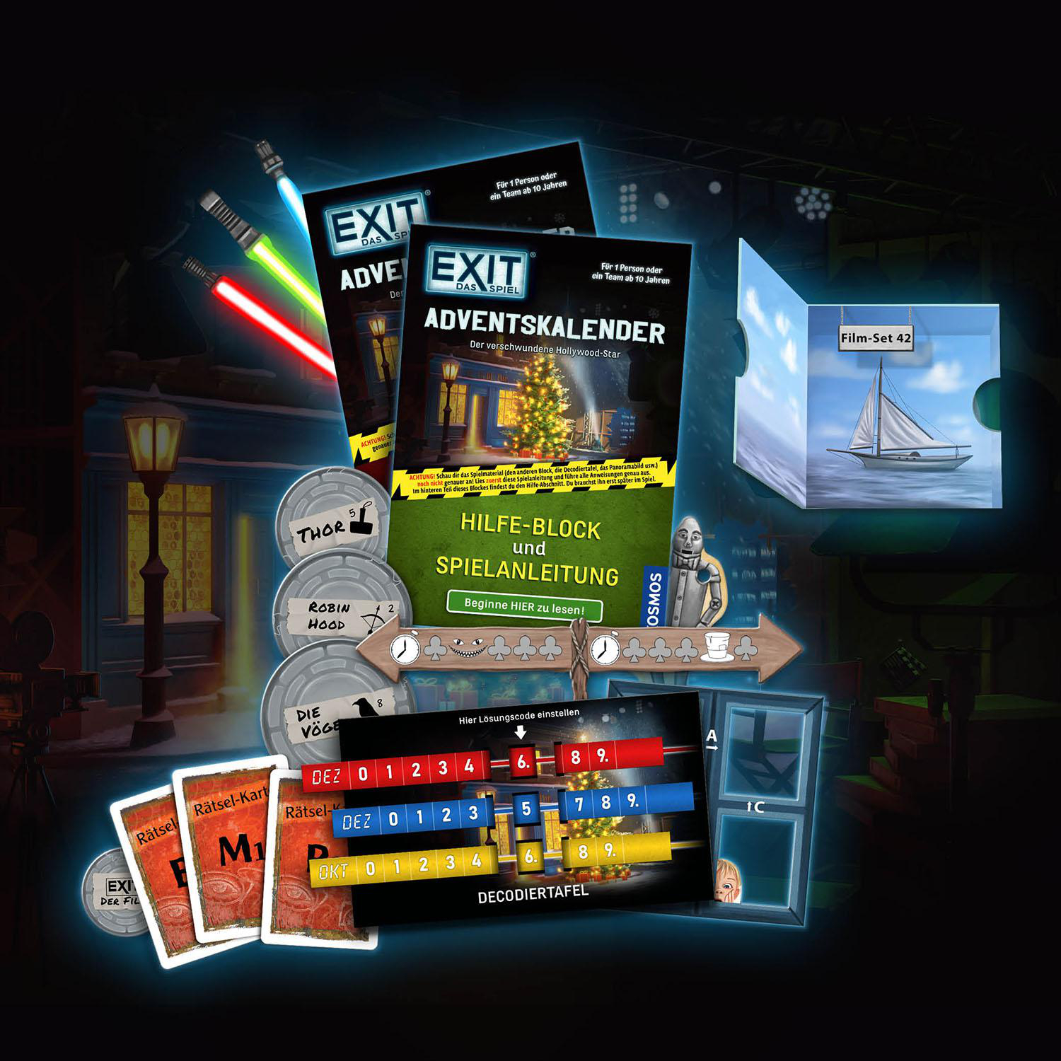Ein Brettspiel-Kit mit mehreren Elementen. Enthält Karten, eine Decodiertafel und einen Adventskalender.