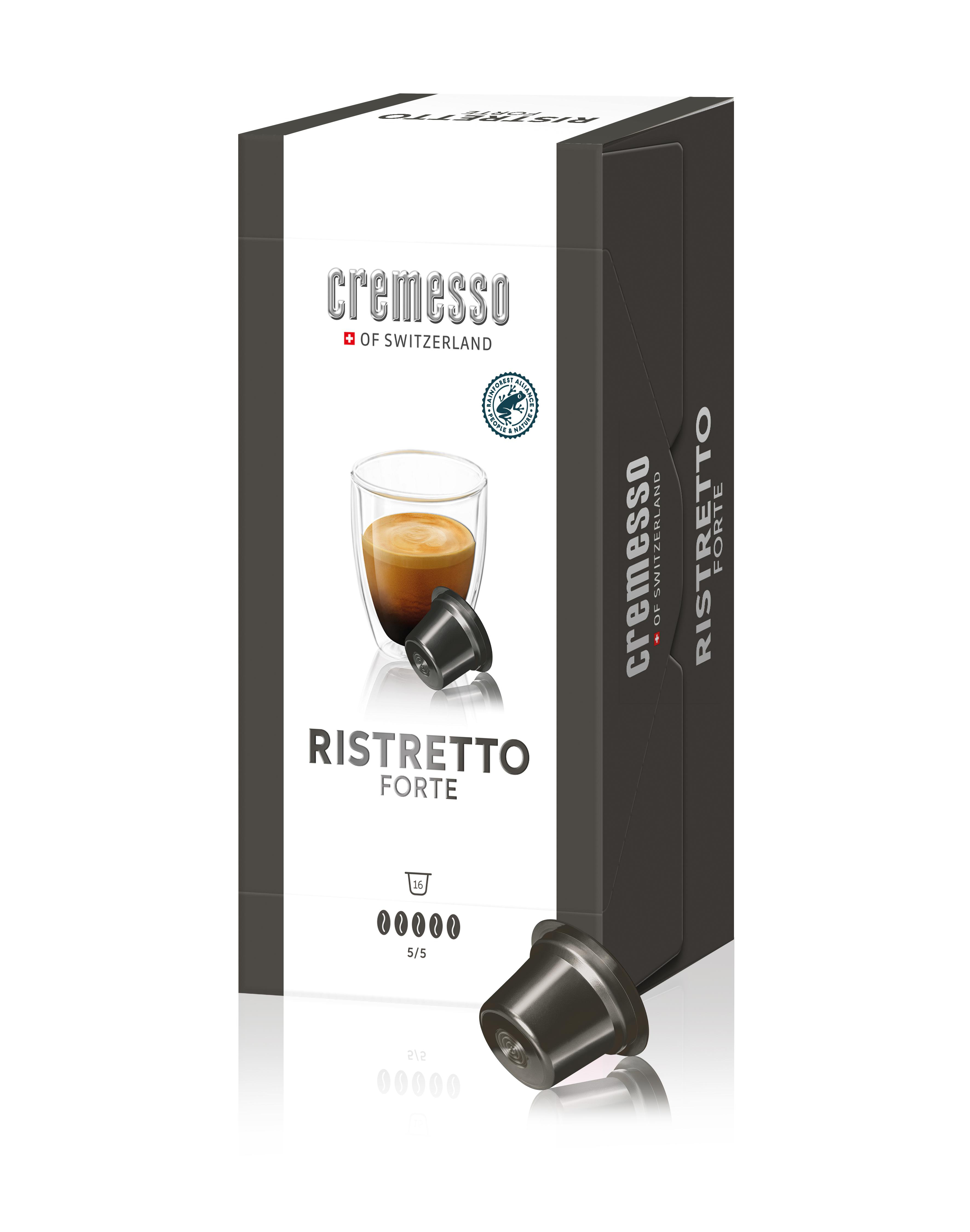 Schachtel mit Ristretto Forte Kaffeekapseln, mit Tasse und Kapsel.