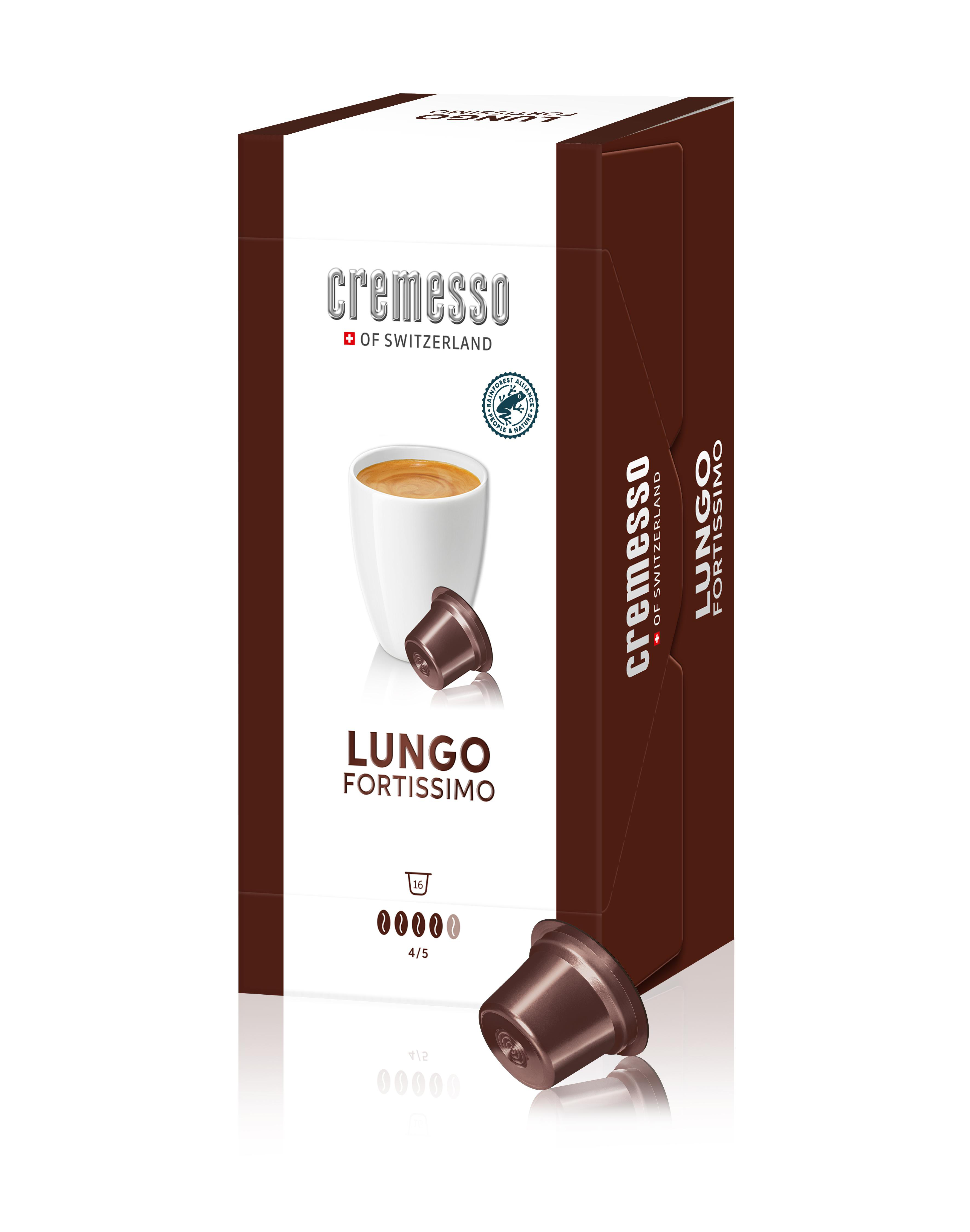 Schachtel mit Cremesso-Kaffeekapseln, Tasse, Kapsel und 'LUNGO FORTISSIMO'.