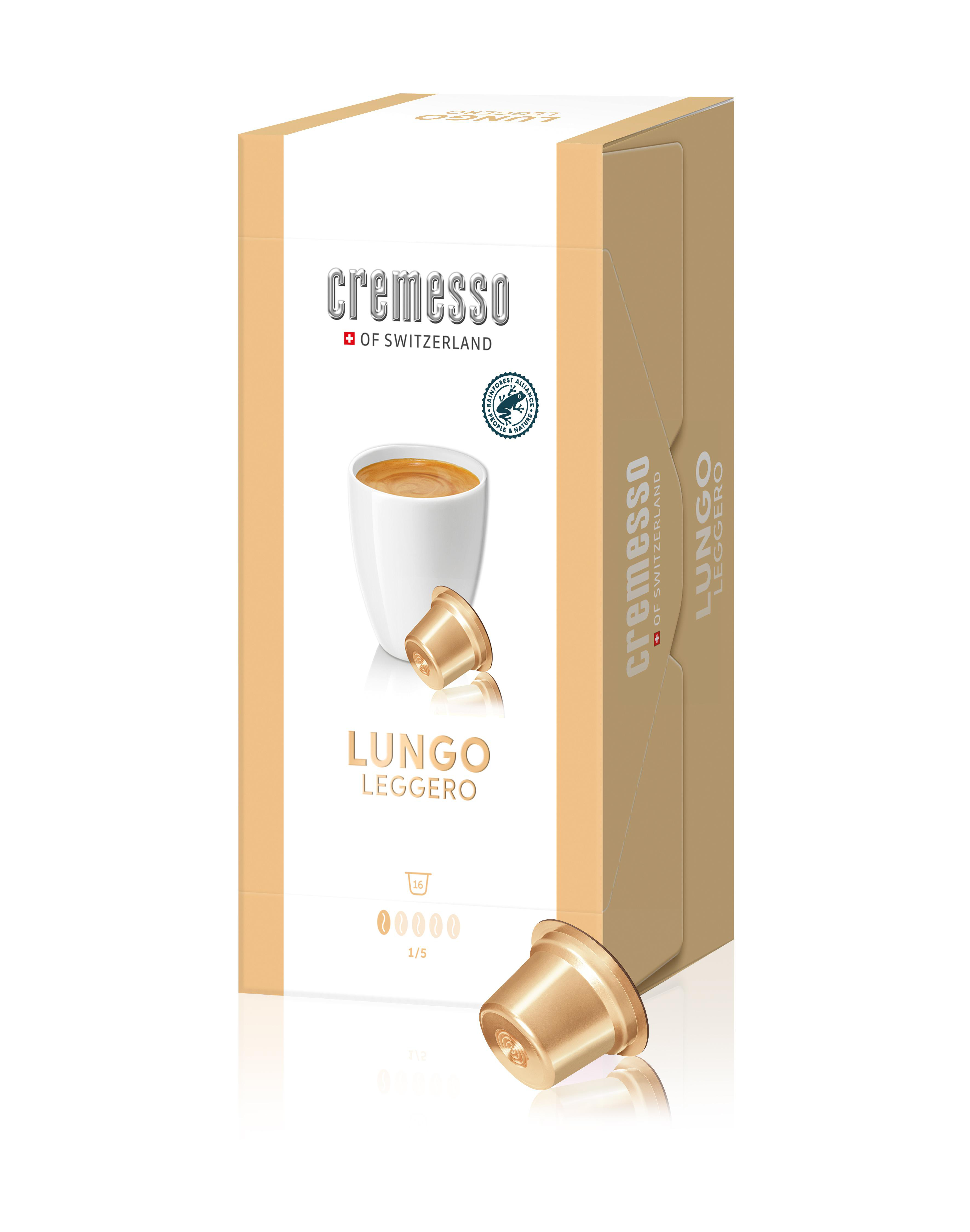 Kaffeekapselbox mit Tasse und Kapseln. Die Marke 'Cremesso' ist sichtbar, sowie 'Lungo Leggero'.