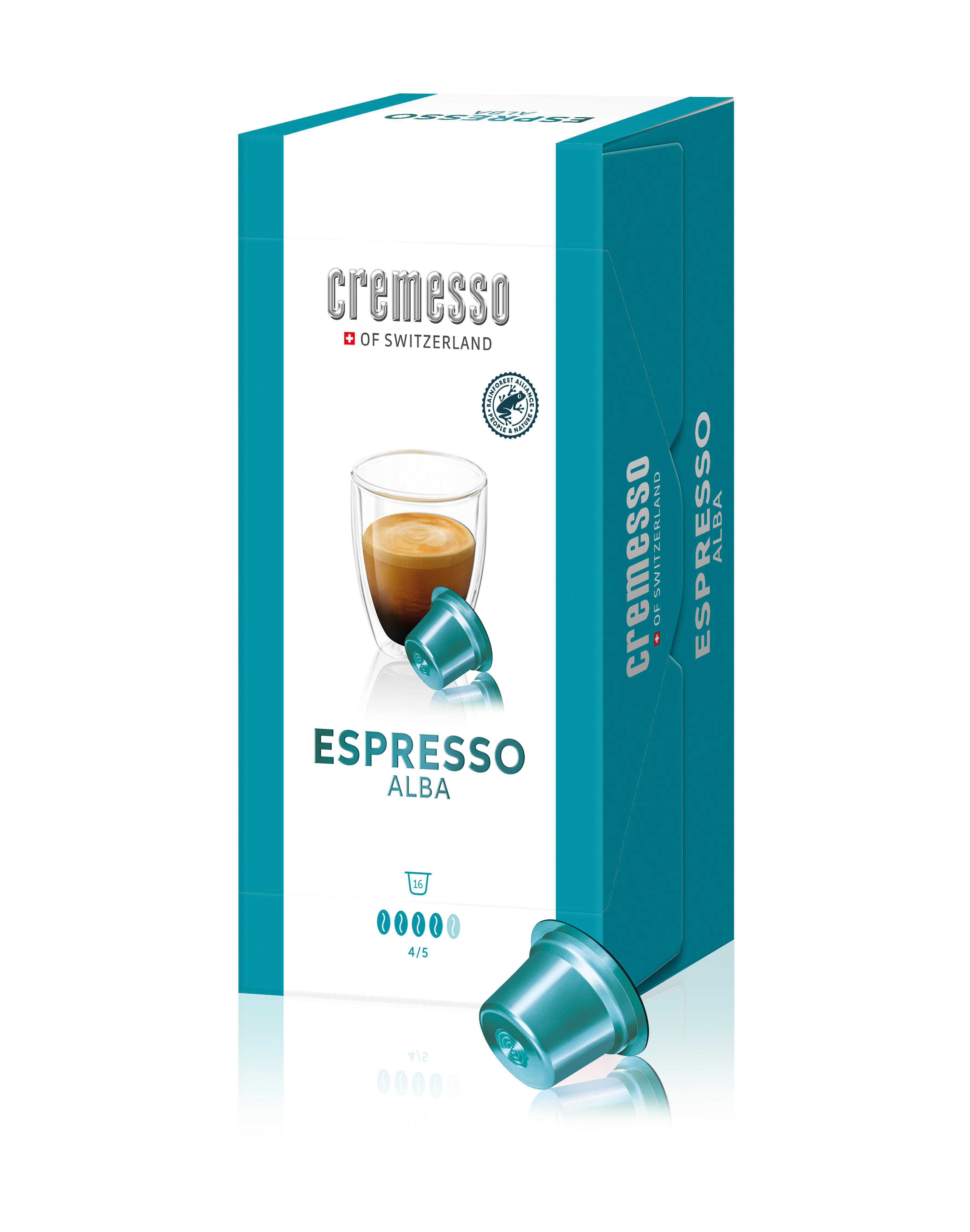 Espresso Alba Kaffeekapselbox. Ein Glas Kaffee und eine Kapsel sind abgebildet. Weißer Hintergrund.