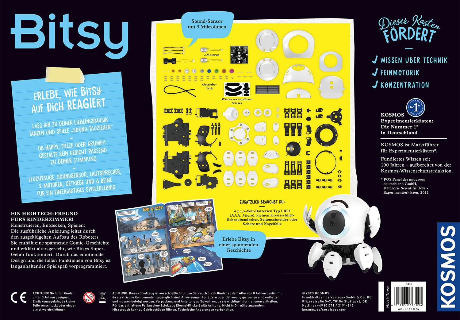 Bitsy Roboter-Bausatz mit Komponenten, Anleitung und Comic auf gelbem Hintergrund.