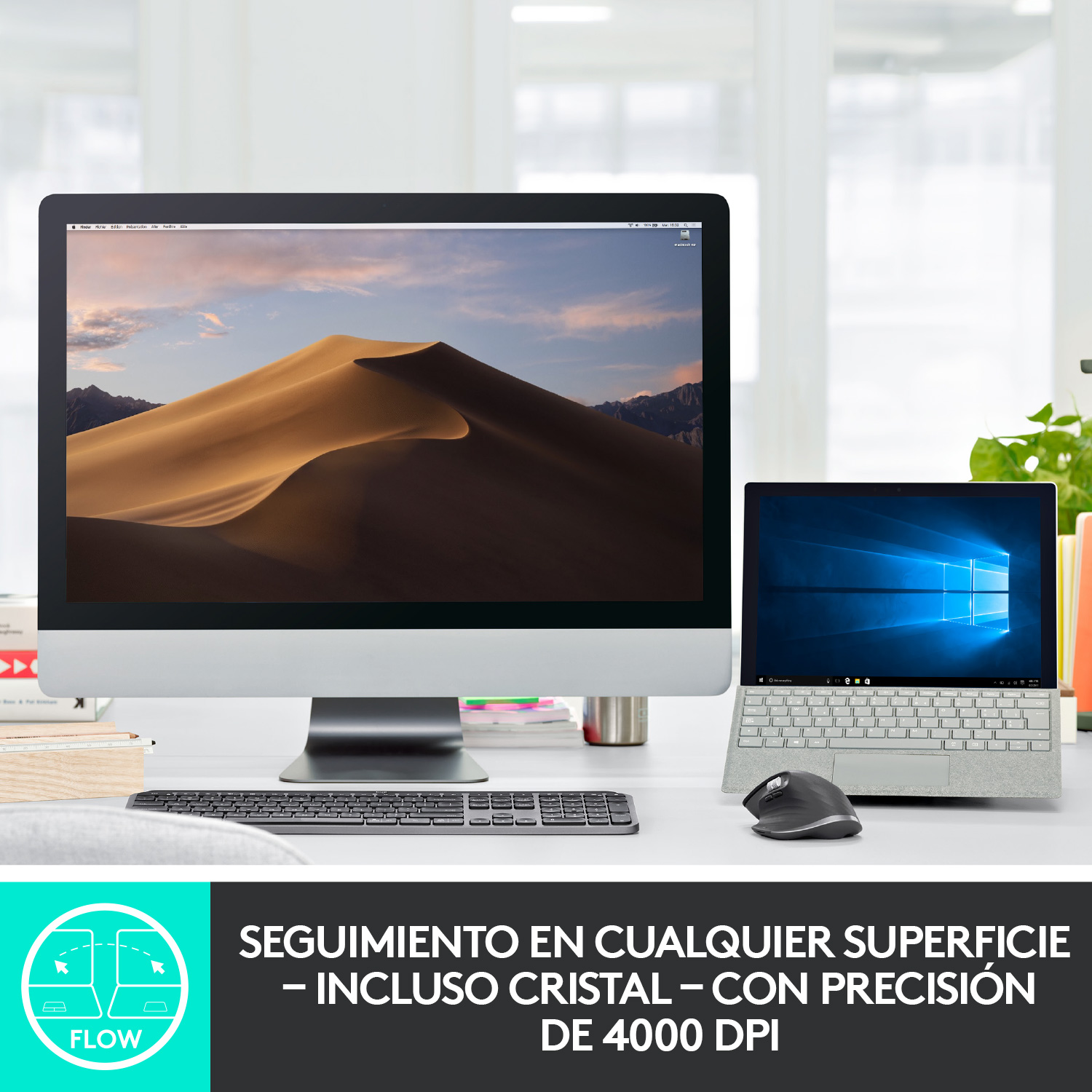 Una configuración de escritorio con un monitor grande, portátil, teclado y ratón. Texto abajo: 'Flow'.