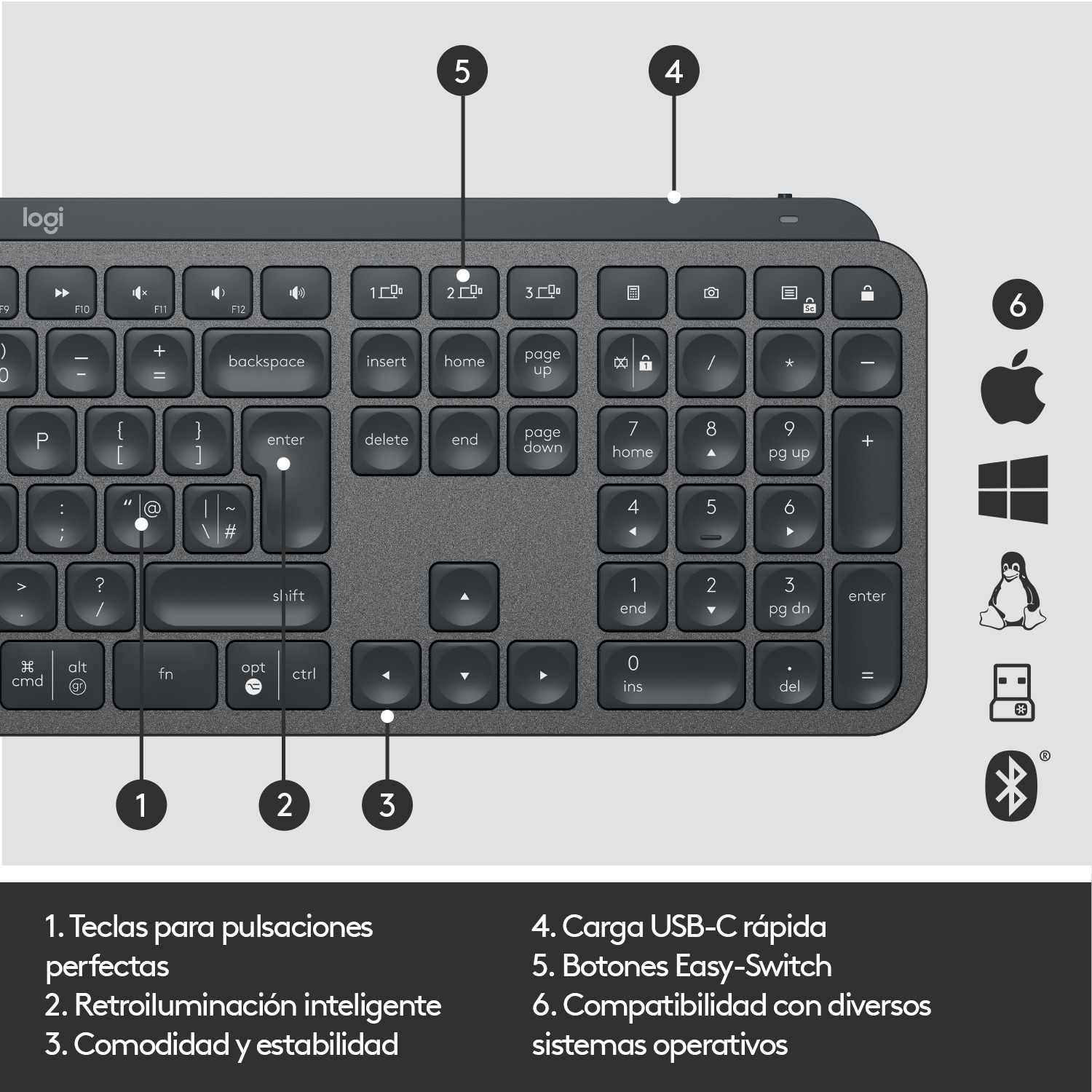 Teclado negro con teclas, etiquetas y logotipos. El fondo es blanco.