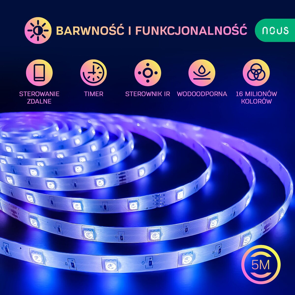Wielokolorowe paski LED. Tekst: kolor i funkcjonalność. Pilot, timer, wodoodporny.