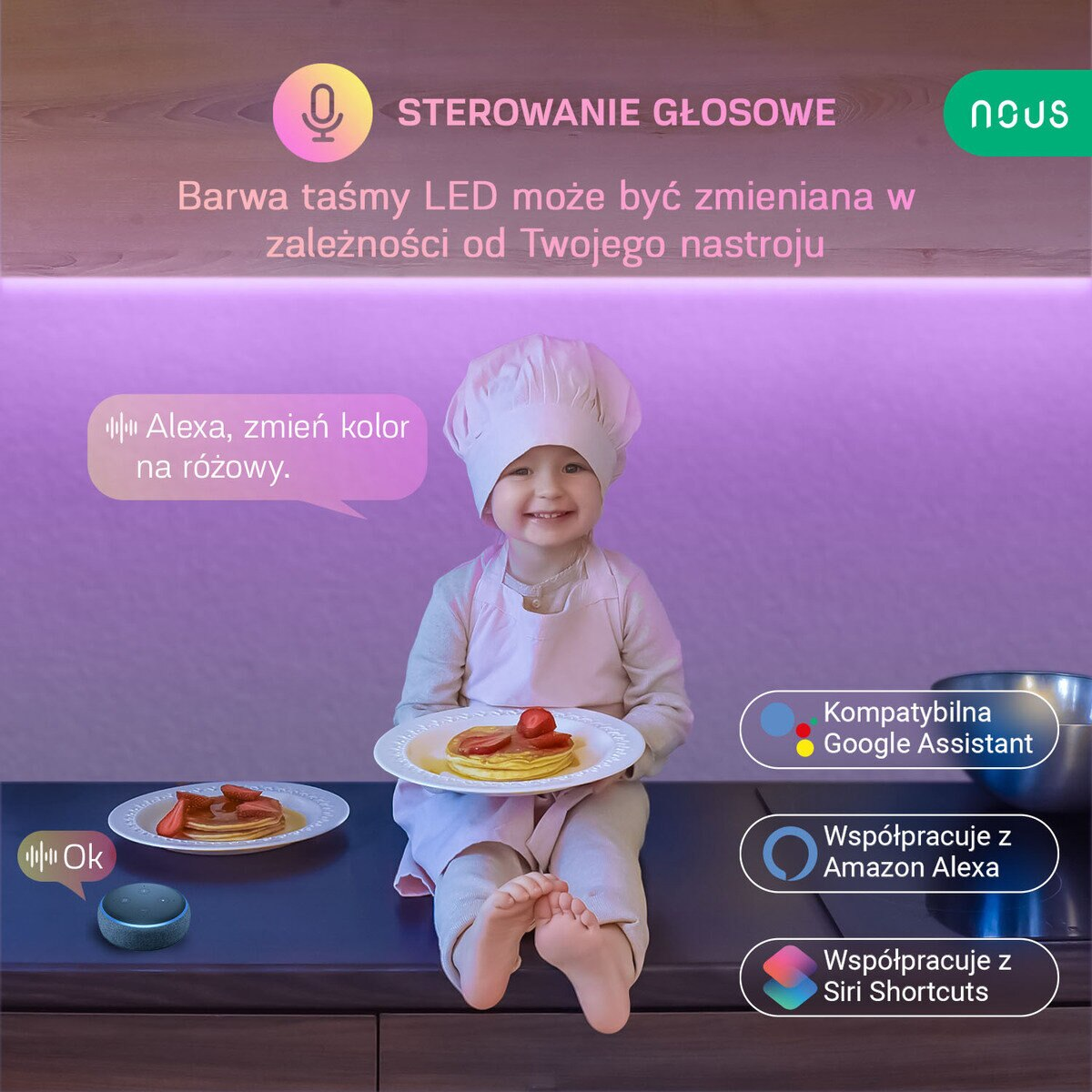 Dziecko trzymające naleśniki z truskawkami, z opcjami sterowania głosowego i logo.