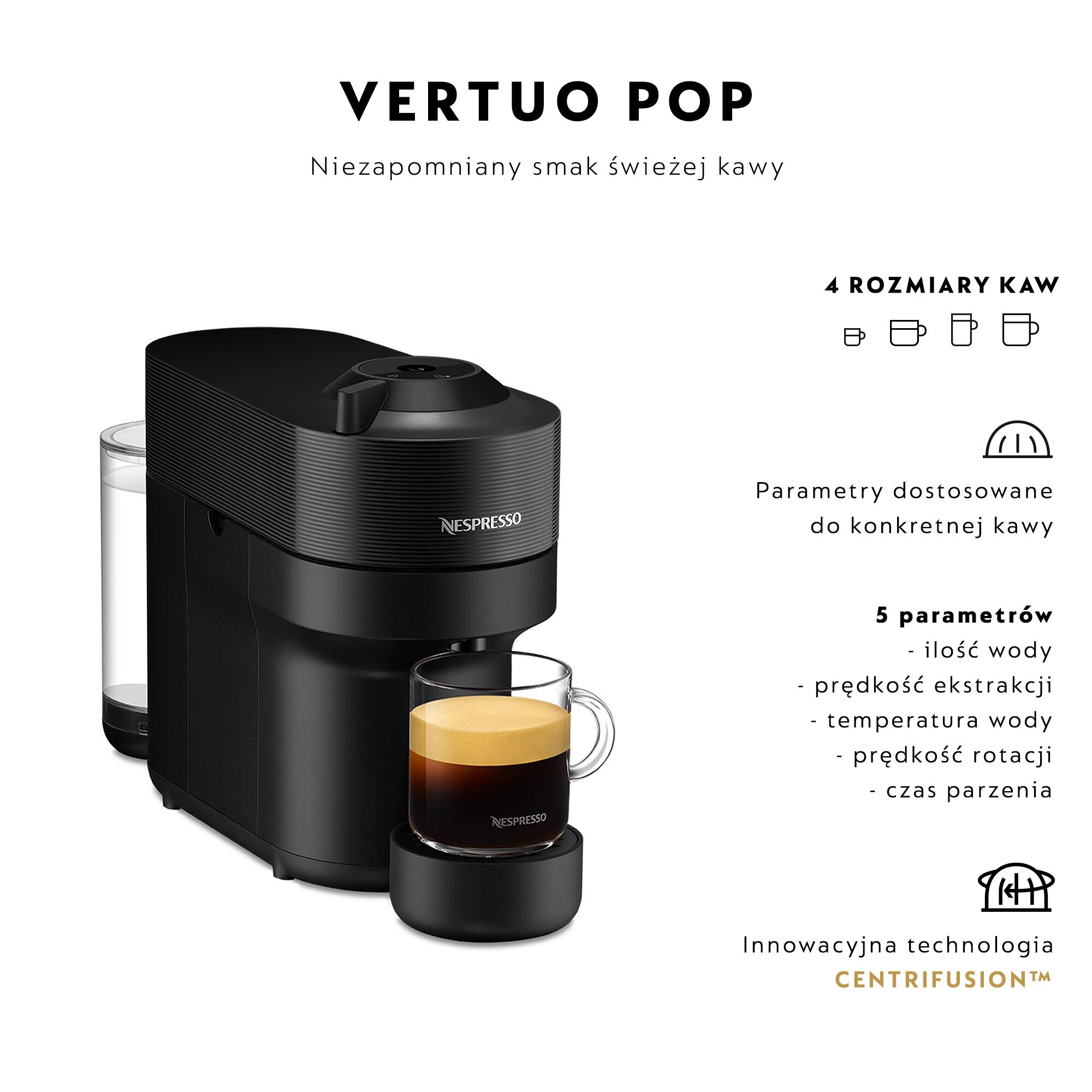 Czarny ekspres do kawy Nespresso Vertuo Pop z filiżanką kawy i tekstem o jego funkcjach.