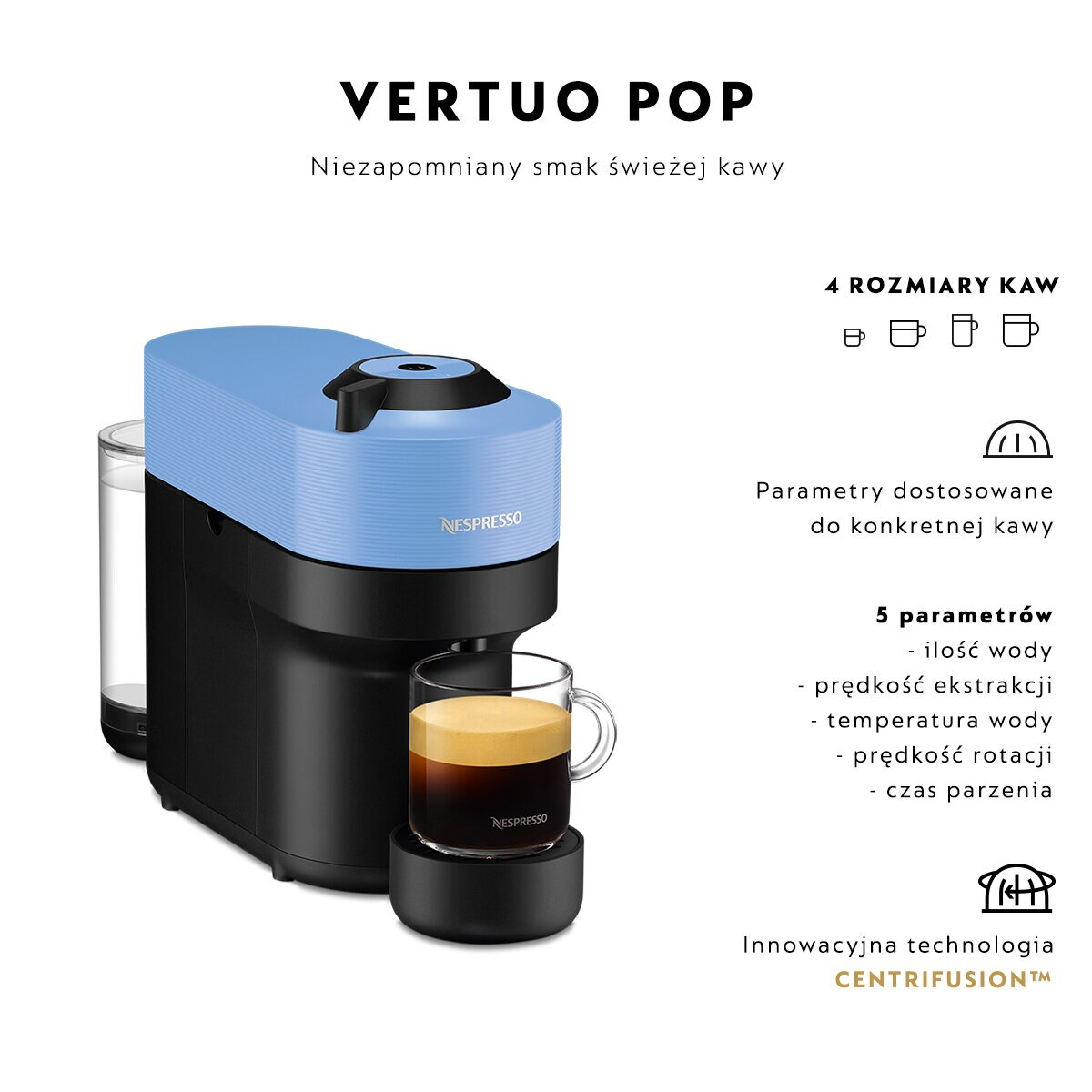 Niebiesko-czarny ekspres do kawy Nespresso Vertuo Pop ze szklanką.