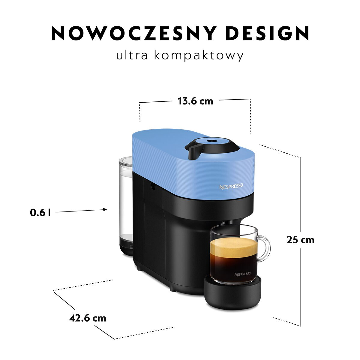 Niebiesko-czarny ekspres do kawy Nespresso z filiżanką i wymiarami.