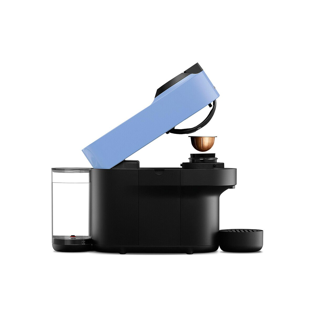 Czarno-niebieski ekspres do kawy z pojemnikiem na wodę i czarną podstawą.