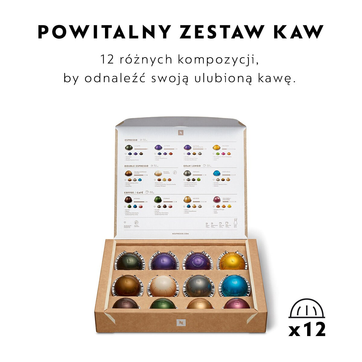 Pudełko kapsułek do kawy z tekstem w języku polskim o zestawie powitalnym kawy.