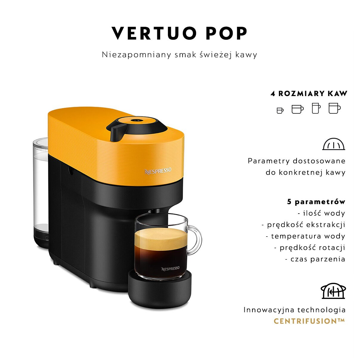 Żółty i czarny ekspres do kawy z filiżanką kawy. Ponadto ikony i tekst.