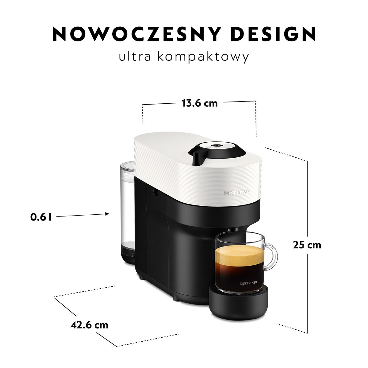 Biało-czarny ekspres do kawy ze szklanką, z wymiarami i tekstem.