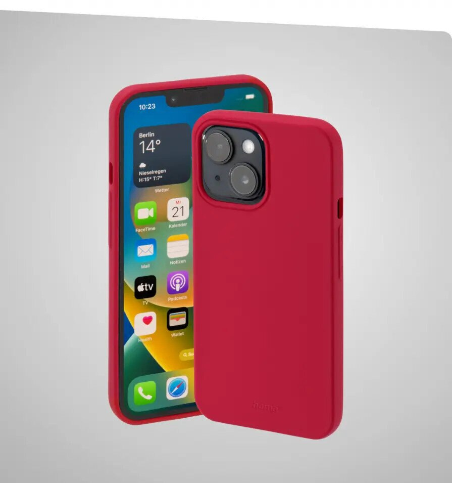 Czerwony iPhone z czerwonym etui, stojący obok. Pokazuje pogodę i kalendarz.