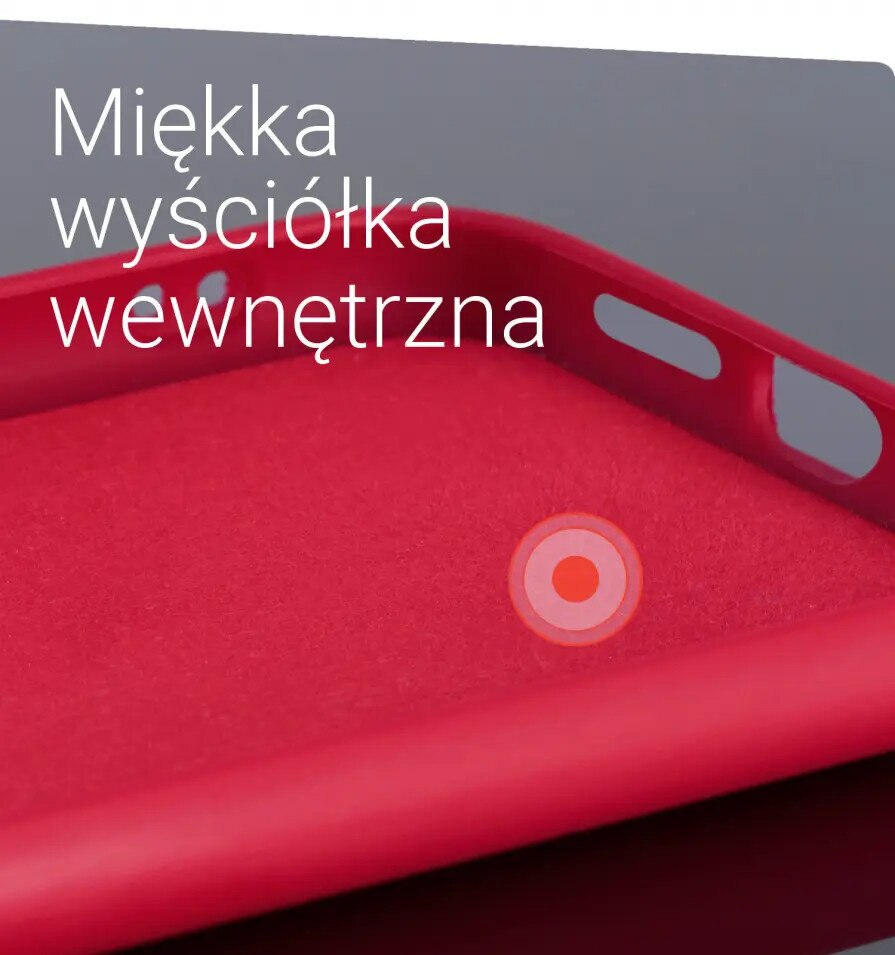 Wnętrze czerwonego etui na telefon. Etui jest teksturowane. Pośrodku znajduje się koło.