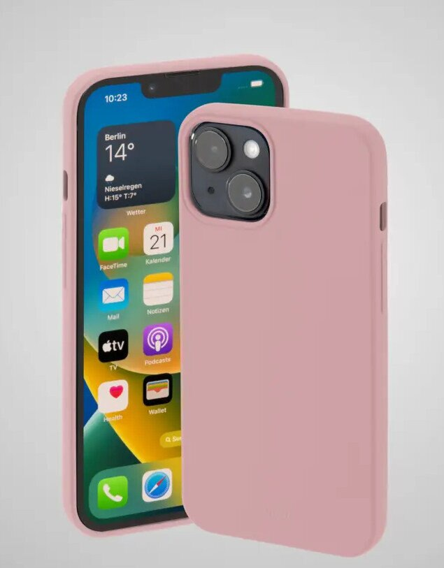 Różowe etui na iPhone'a z iPhonem w środku, pokazujące ekran blokady z ikonami.