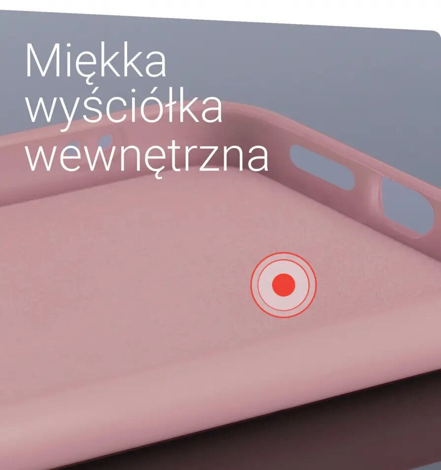 Zbliżenie na różową wewnętrzną wyściółkę etui z czerwonym okręgiem.