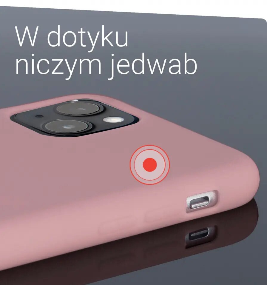 Zbliżenie różowego etui na telefon o gładkiej fakturze, pokazujące tył telefonu.
