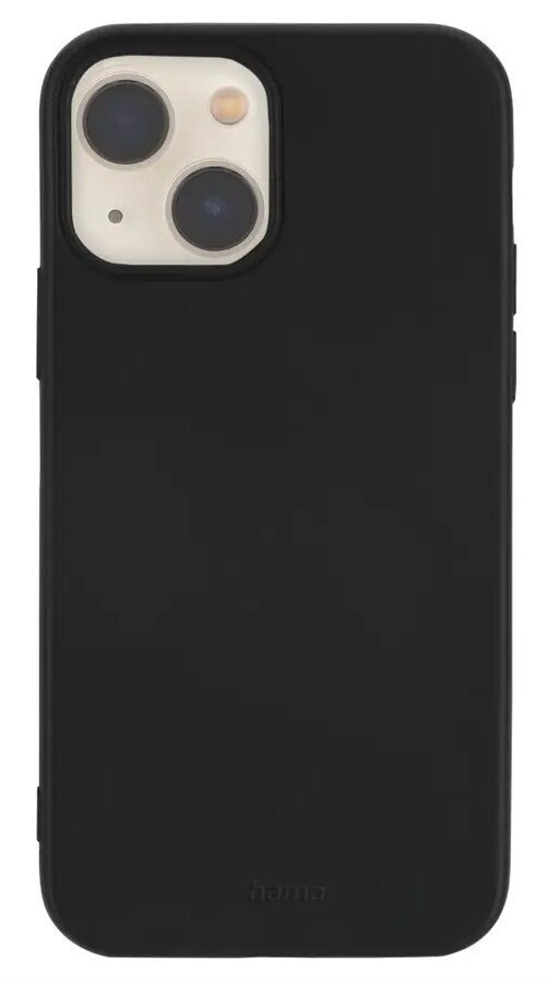 Czarne etui na telefon z wycięciami na aparat. Logo Hama na dole.