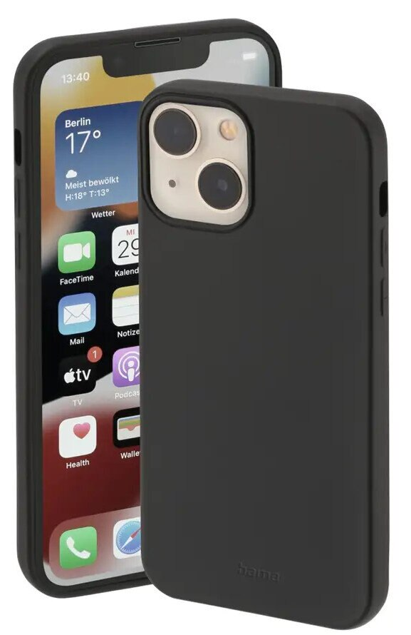 iPhone w czarnym etui. Telefon jest po lewej, etui po prawej. Ekran jest włączony.