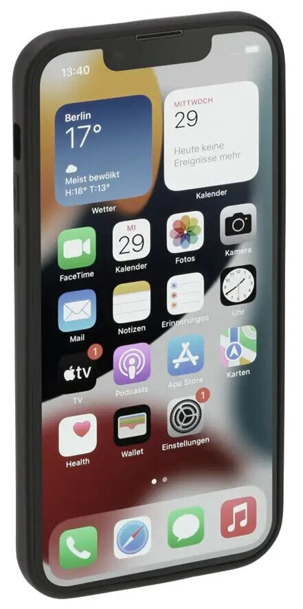 iPhone wyświetla ekran główny. Ikony aplikacji są widoczne. Czarne etui otacza telefon.