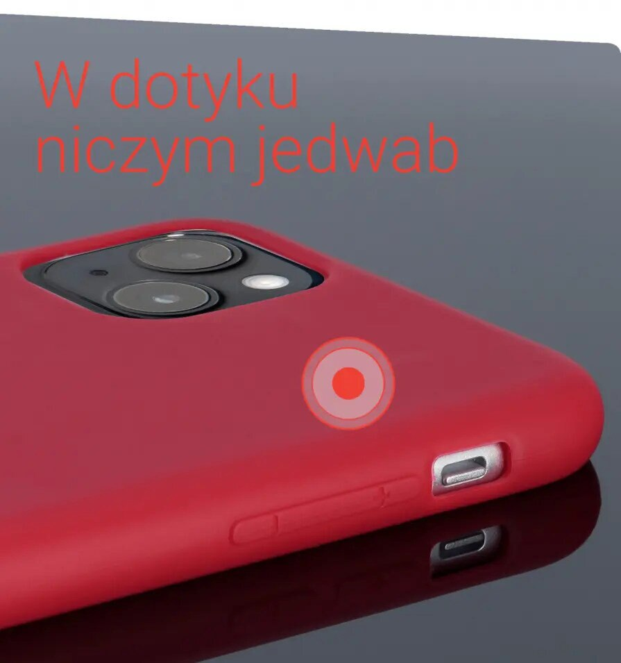 Czerwone etui na telefon, z wycięciami na aparat i przyciski, tekst: "W dotyku niczym jedwab" (Jak jedwab).