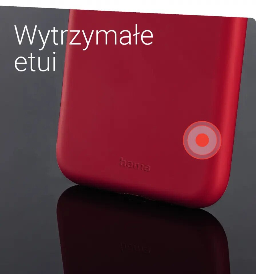 Czerwone etui na telefon ze słowem 'hama' i okrągłym przyciskiem.
