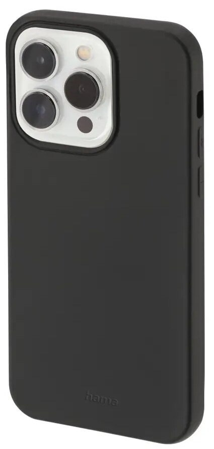 Czarny futerał na telefon. Tył etui, z wycięciami na aparat i nazwą marki.