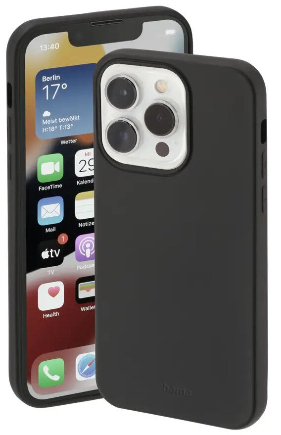 Czarny telefon z etui wokół innego telefonu, pokazujący ekran z ikonami i godziną.