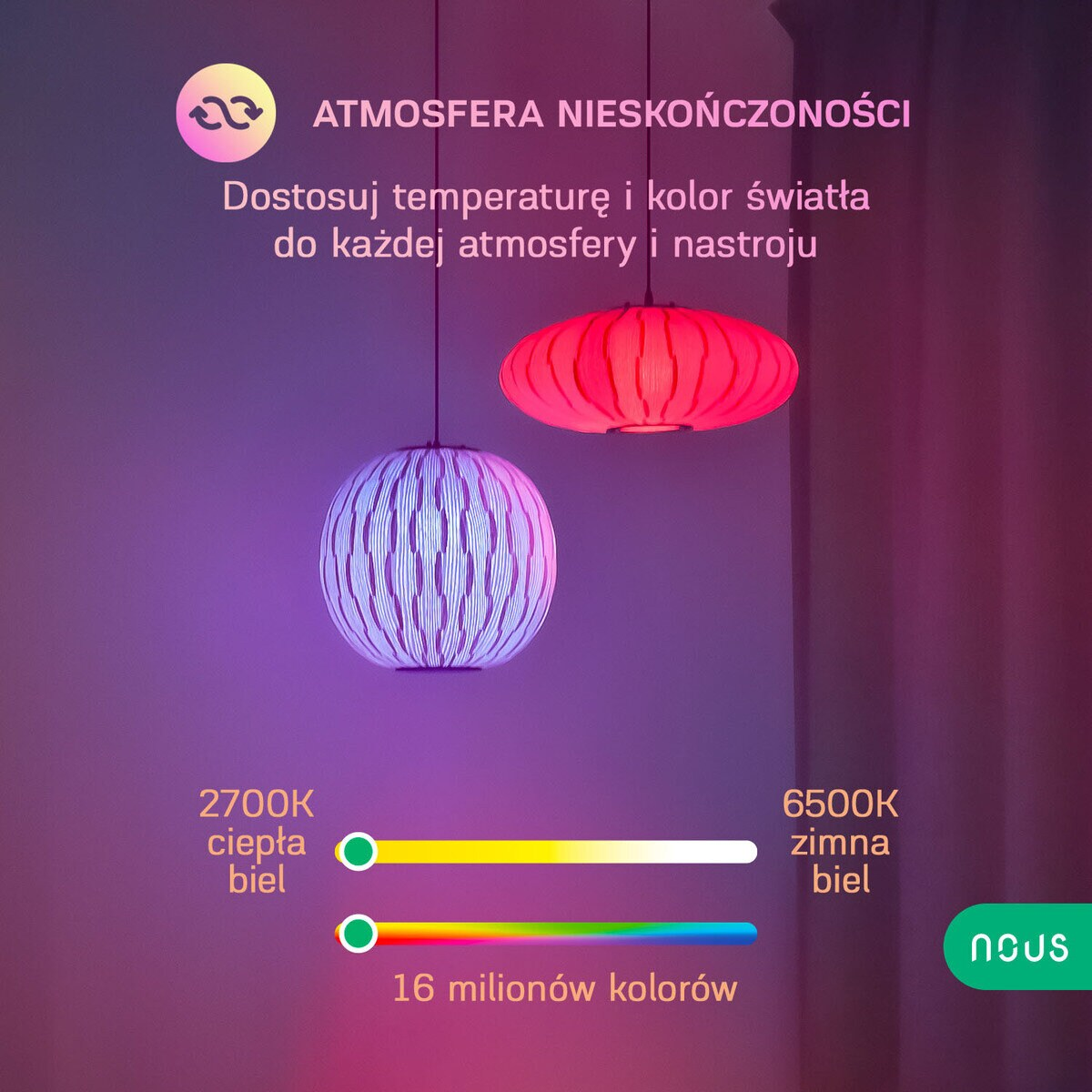 Dwie lampy wiszące o różnych kolorach światła, fioletowym i czerwonym, z tekstem o oświetleniu.