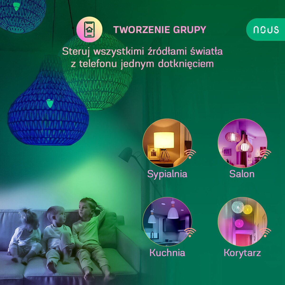 Dzieci i lampy z kolorowymi światłami, z tekstem o tworzeniu grup.