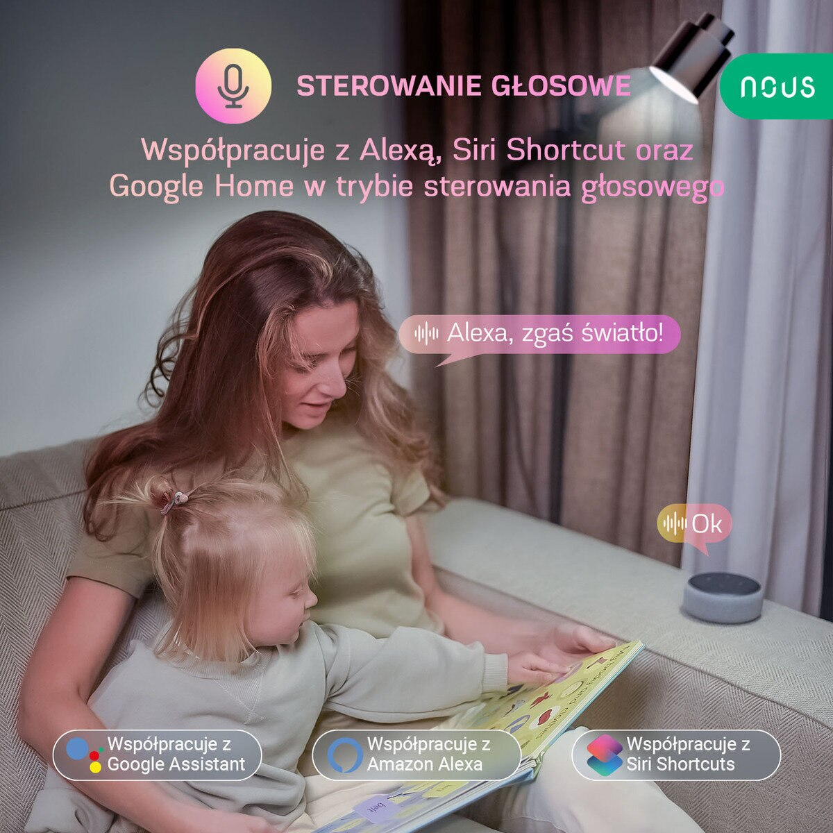 Kobieta i dziecko czytają książkę, z ikonami sterowania głosowego na pierwszym planie.