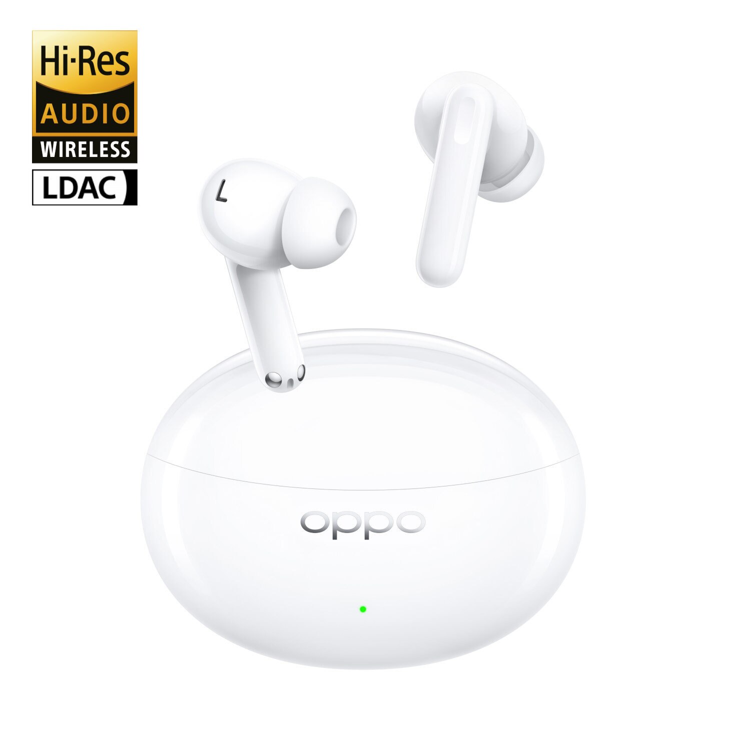 Białe słuchawki Oppo w etui ładującym, z etui i słuchawkami w centrum uwagi.