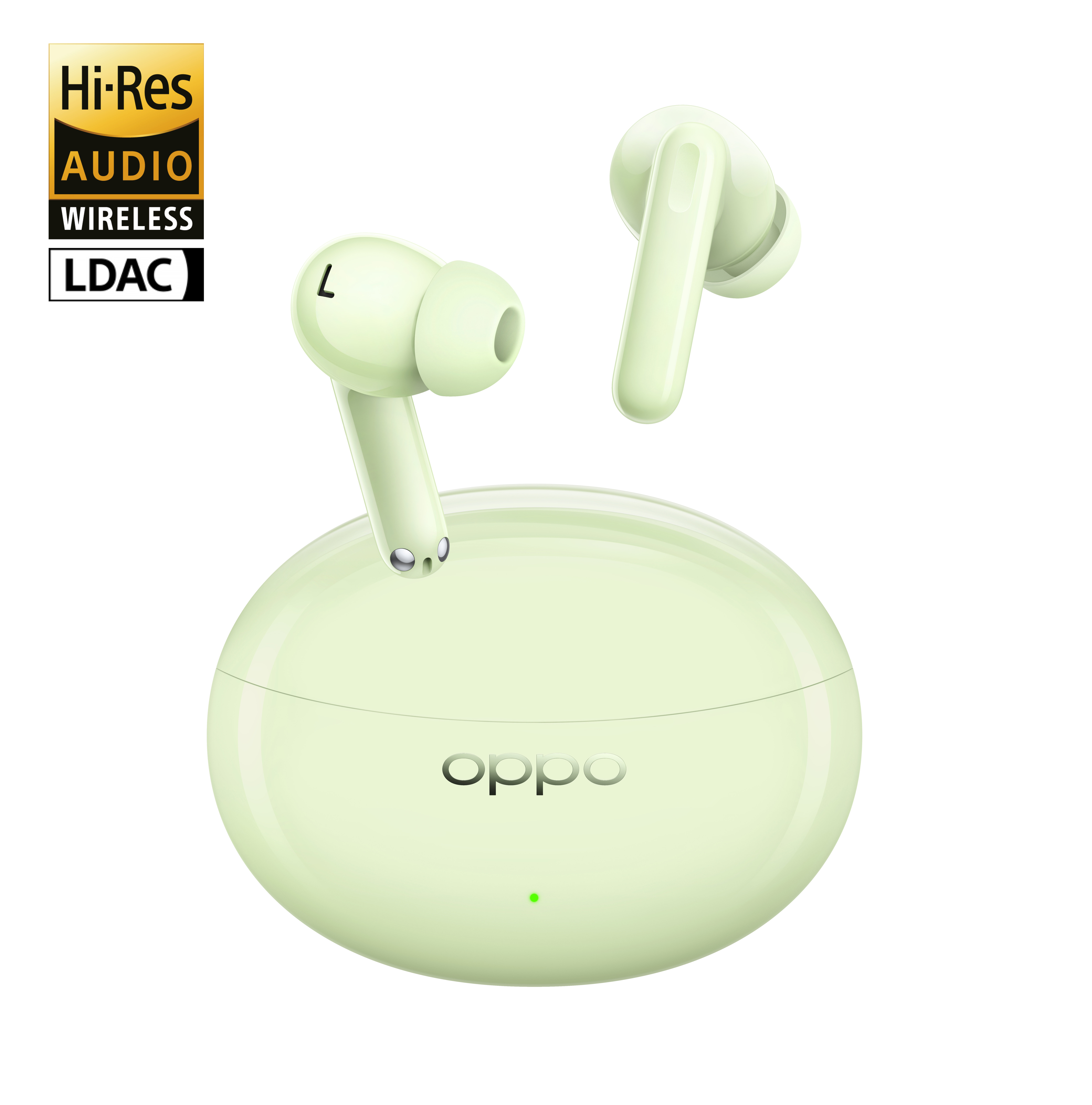 Jasnozielone bezprzewodowe słuchawki Oppo i etui. Wyświetlane są logo Hi-Res Audio i LDAC.