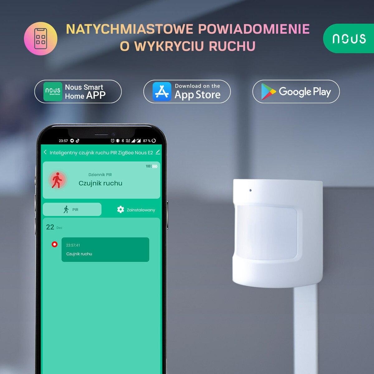 Smartfon z aplikacją smart home i czujnikiem ruchu. Tekst: Natychmiastowe powiadomienie o wykryciu ruchu.