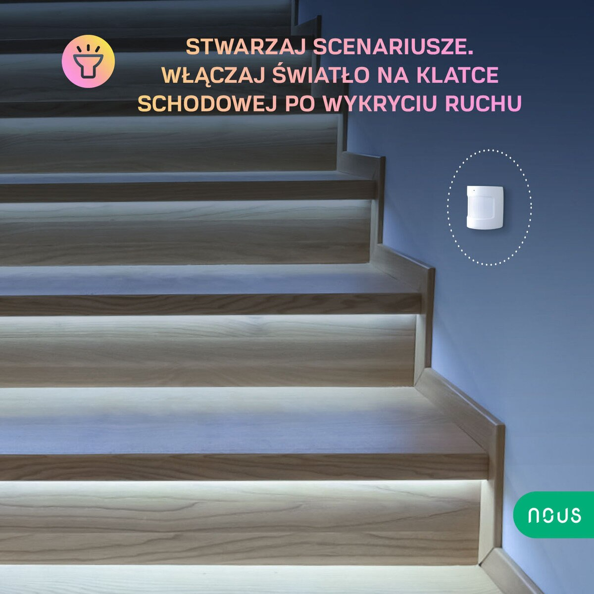 Drewniane schody z oświetleniem LED. Tekst promuje inteligentne oświetlenie z detekcją ruchu.