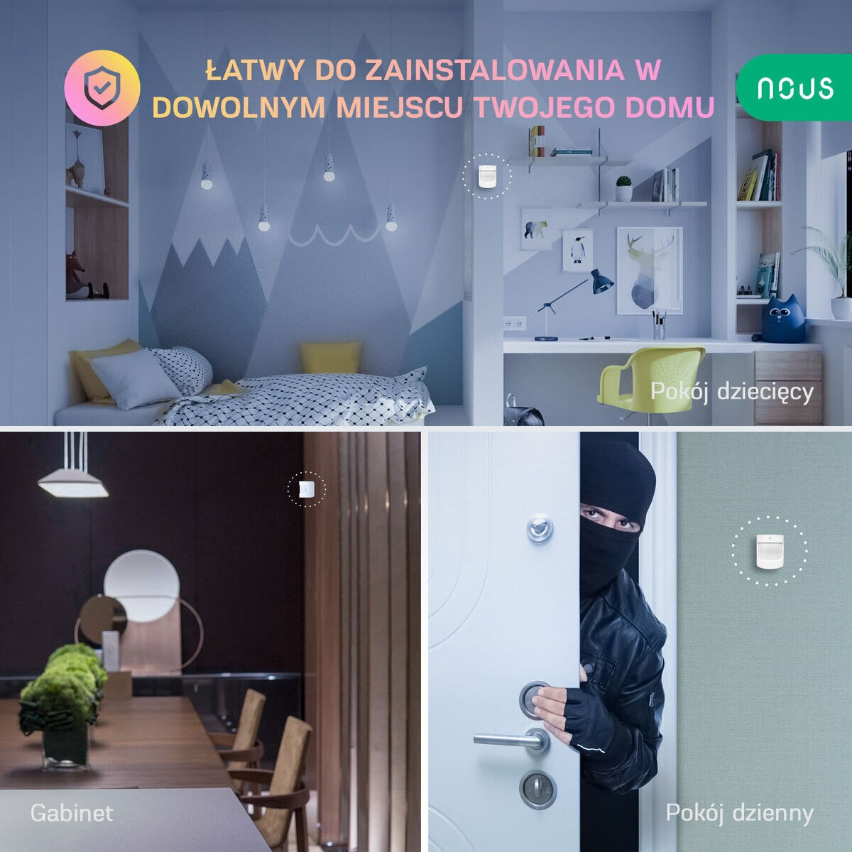 Cztery zdjęcia przedstawiające różne pokoje i czujnik bezpieczeństwa.