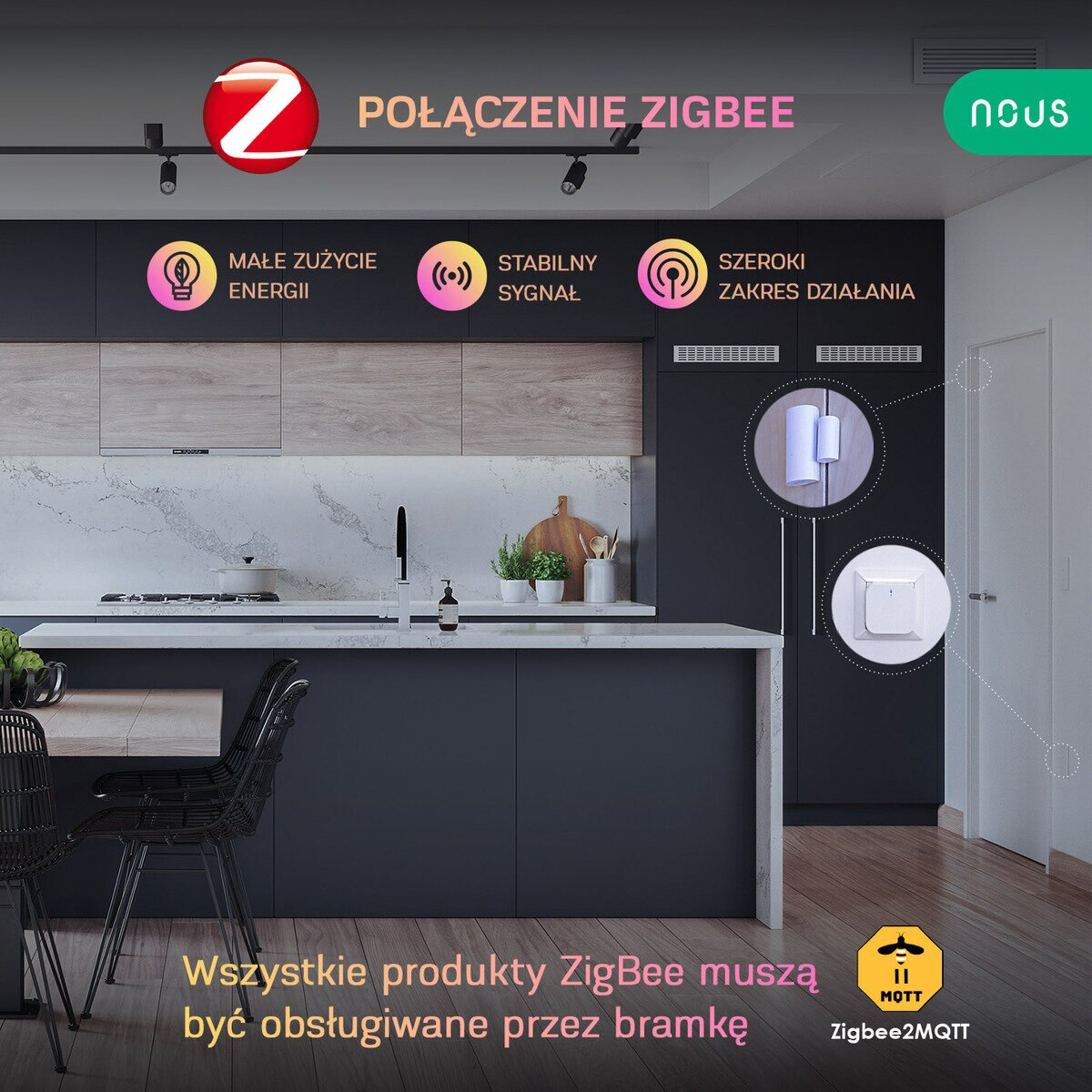 Nowoczesna kuchnia z urządzeniami smart home, w tym włącznikiem światła i czujnikiem drzwi.