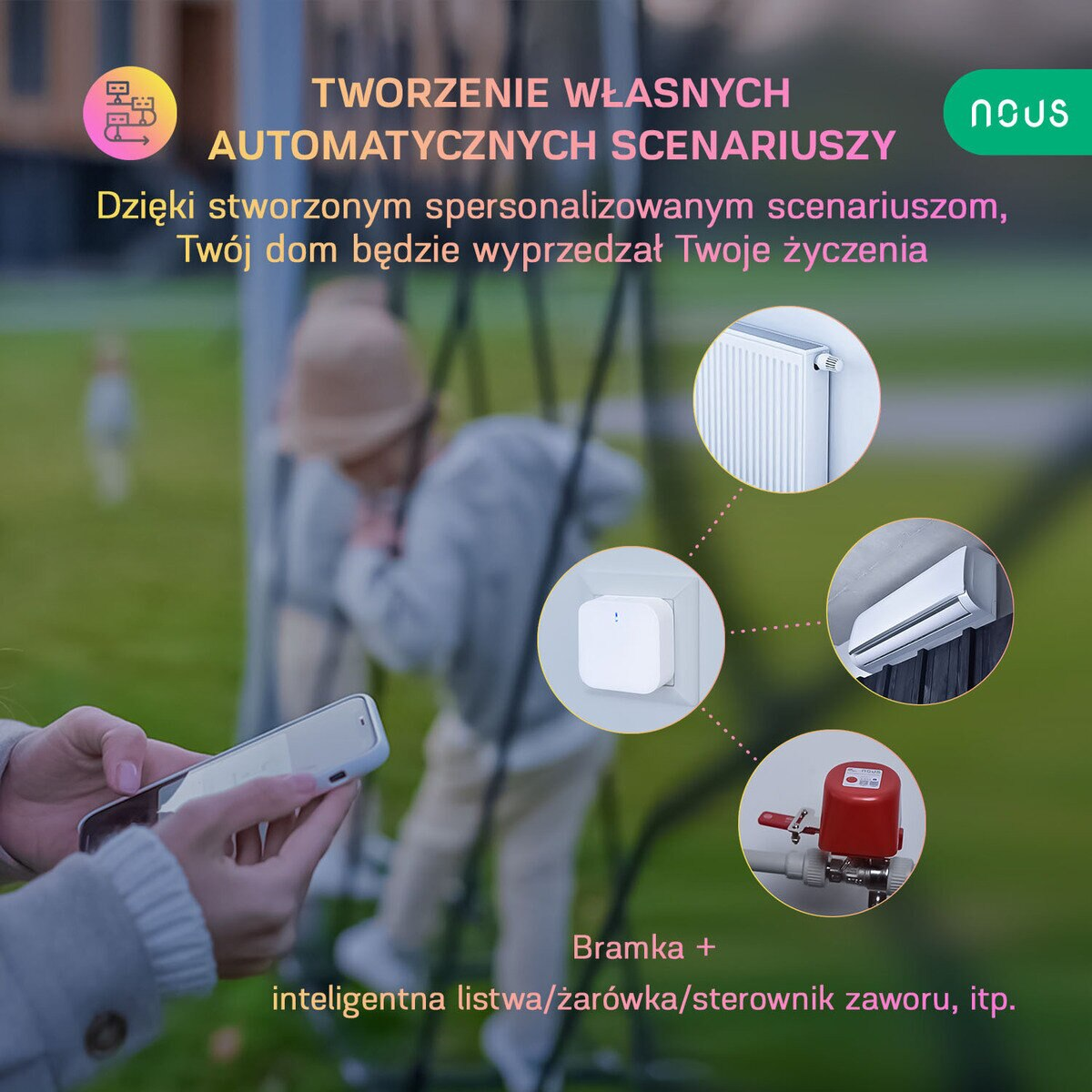 Reklama z urządzeniami smart home i dzieckiem na huśtawce.